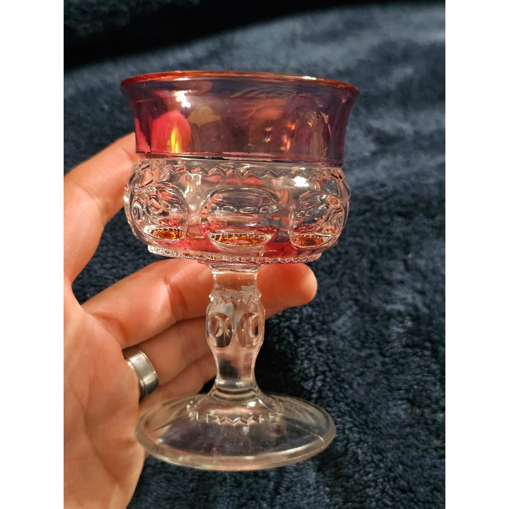 Vintage Cranberry Stained Thumbprint Glass Cordial Toothpick Holder Sawtooth Rim